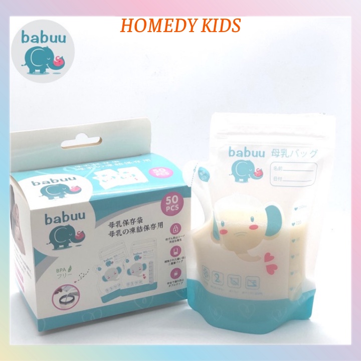  Túi trữ sữa 250ml cao cấp có vòi rót Babuu Nhật BB04 Homedy Kids ( Hộp 50 chiếc)