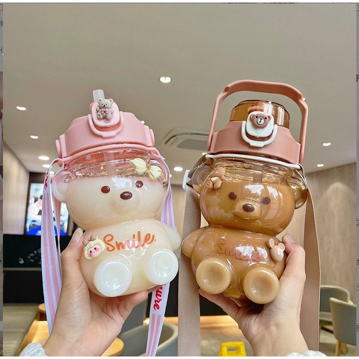 Bình nước cho bé, bình nước hình gấu, bình đựng nước cho bé cute 1000ml tặng kèm ống hút tặng kèm stiker 3D