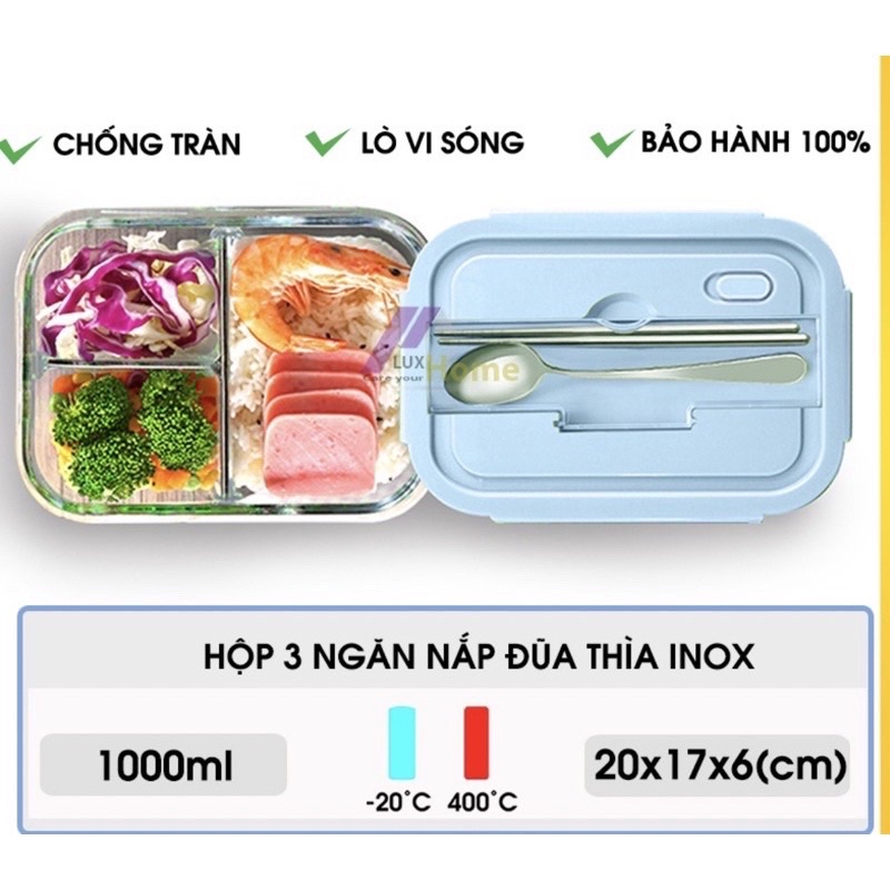HỘP THUỶ TINH 3 NGĂN KÈM ĐŨA THÌA 1000ml