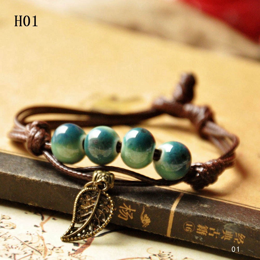 Vòng tay dây da 4 hạt sứ nhiều màu | BigBuy360 - bigbuy360.vn