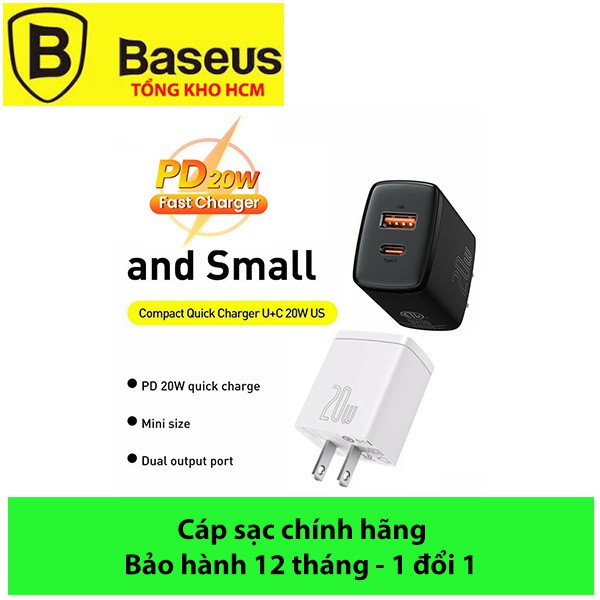 Củ sạc nhanh 20W 2 cổng, Cốc sạc nhanh đa năng Ba-se-us Compact Quick Charger PPS/ PD /QC 3.0 20W