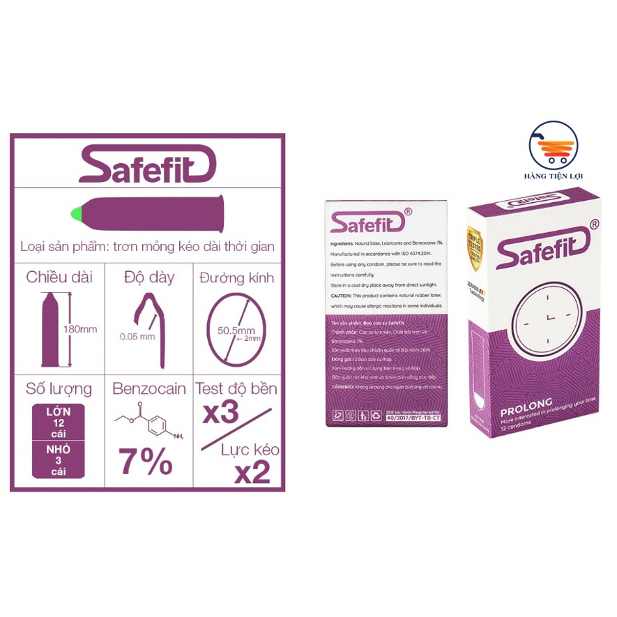 Bao cao su Siêu mỏng Siêu Kéo dài thời gian SafeFit Prolong - 12 chiếc + tặng hộp 3 chiếc cùng loại