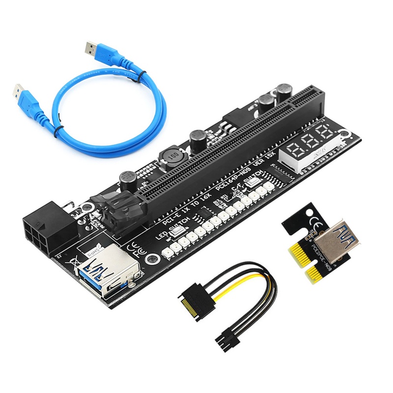 Thẻ GPU nâng PCI-E 1X đến 16X PCI E sang cáp nguồn 6PIN LED Flash Đen