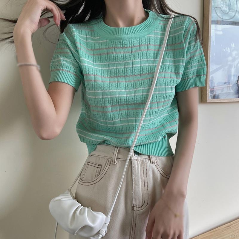 Áo Dệt Kim Ngắn Tay Họa Tiết Kẻ Sọc Thời Trang Cho Nữ