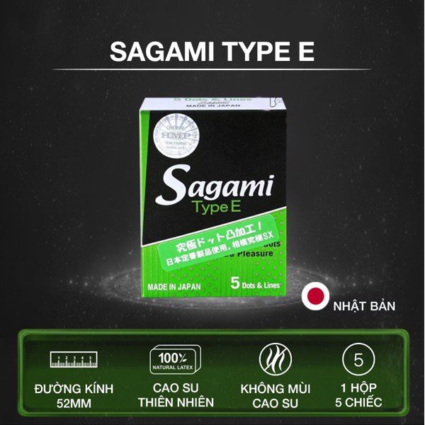 Bao cao su Sagami Type E GÂN GAI 5 bao/hộp thiết kế 3D 1 lần thắt chống tuột kéo dài thời gian