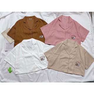 Áo sơ mi nữ công sở tay ngắn cổ vest Hàn Quốc chất nhung chéo dáng croptop nhiều màu có thêu logo