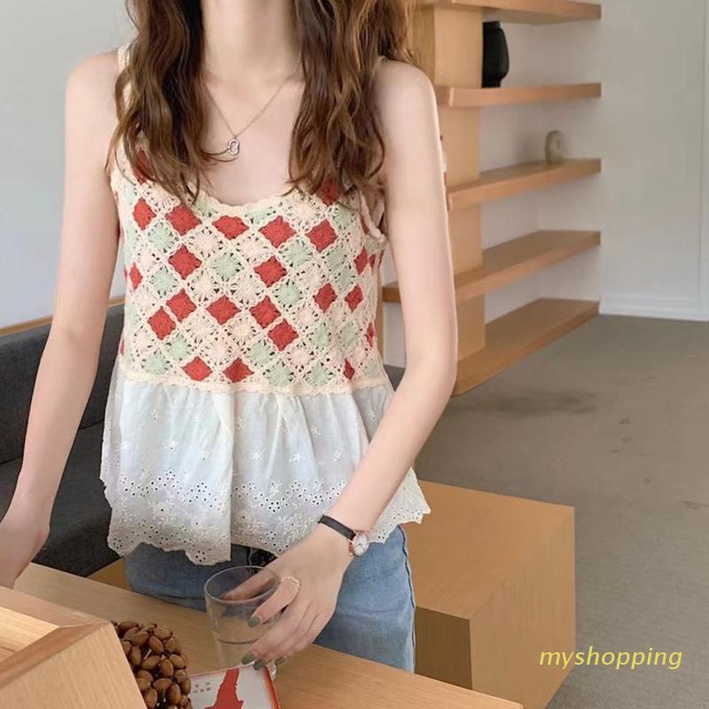 Áo Hai Dây Dệt Kim Họa Tiết Kẻ Sọc Caro Nhiều Màu Sắc Phong Cách Boho Thời Trang Cho Nữ