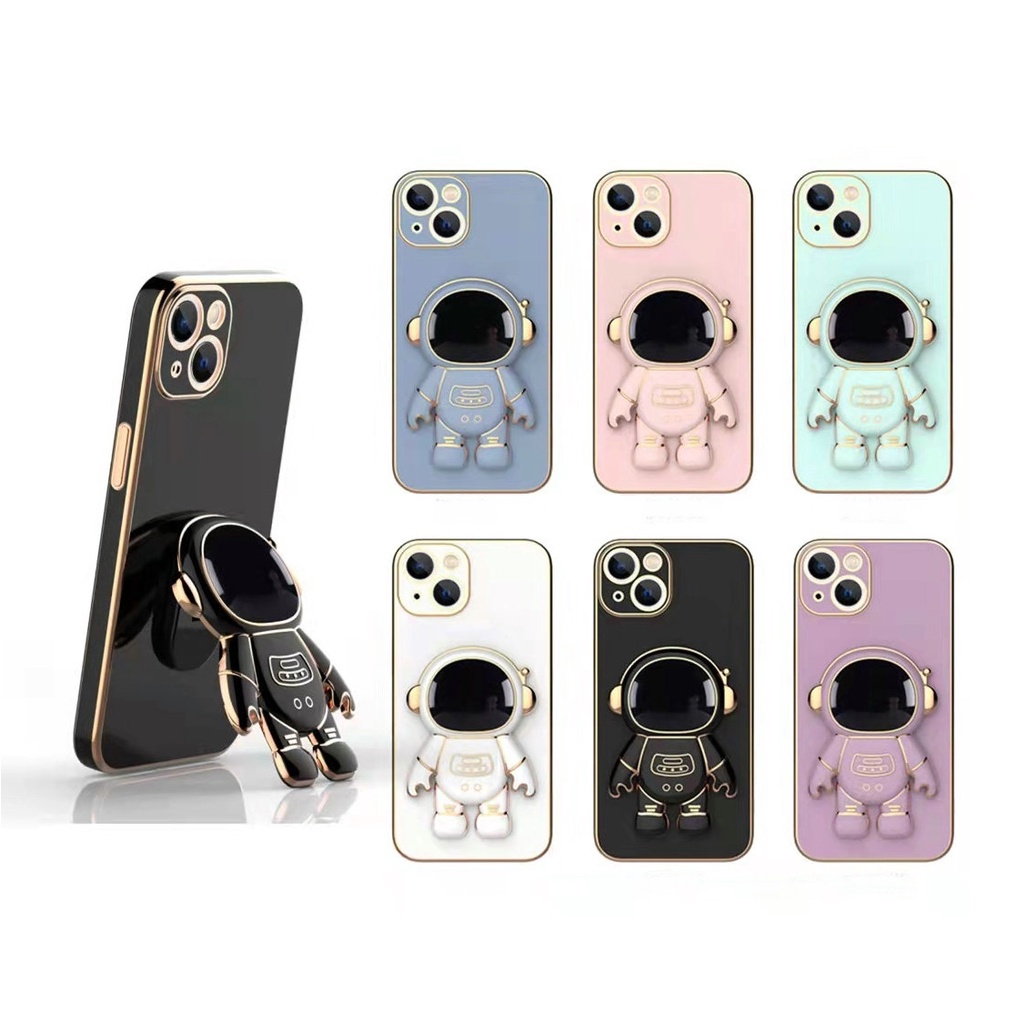 Casing For IPhone 13 6 6s 7 8 Se 2020 X Xs Xr Xs Max XsMax Mini Cute Cartoon Space Astronaut Stand Straight Edge Plating Soft Thin Phone Case MMT 07