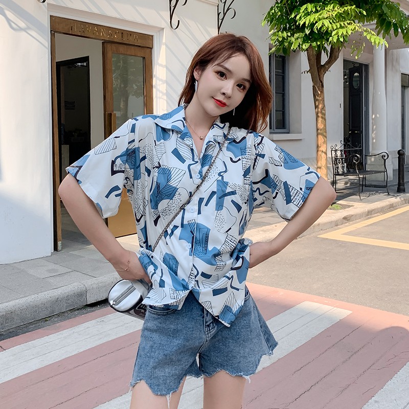 Áo chiffon nữ cổ chữ V in họa tiết phong cách retro