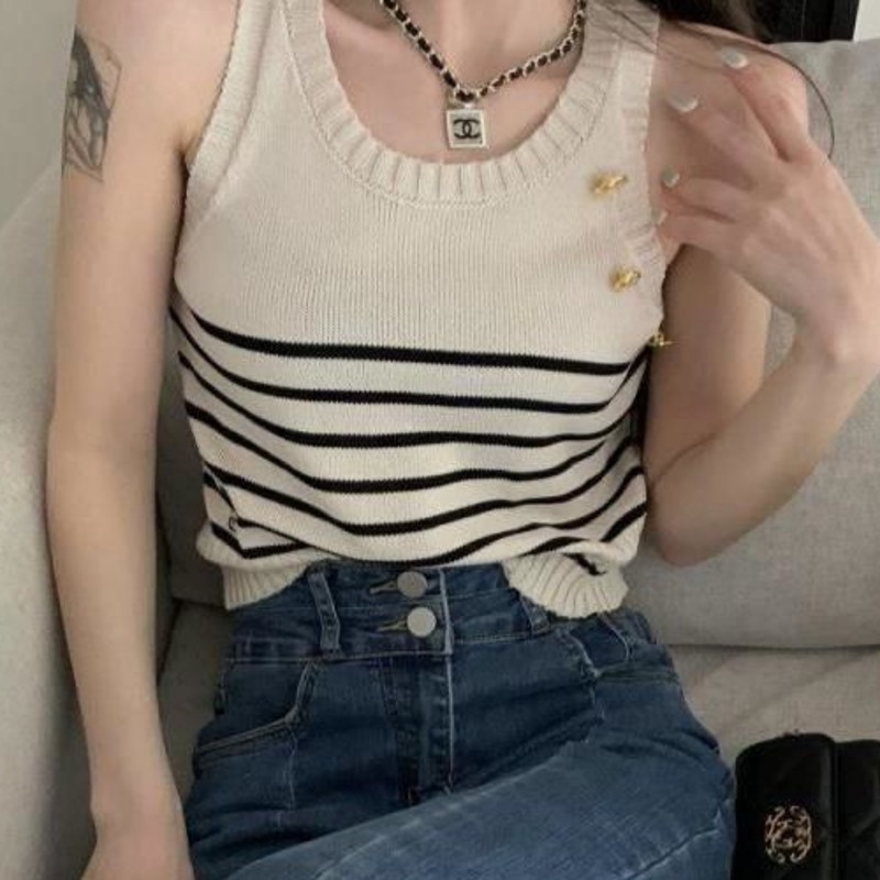 Áo len RENJIANVSHENG 182948 không tay kẻ sọc ngang phong cách retro ôm dáng thời trang cho nữ