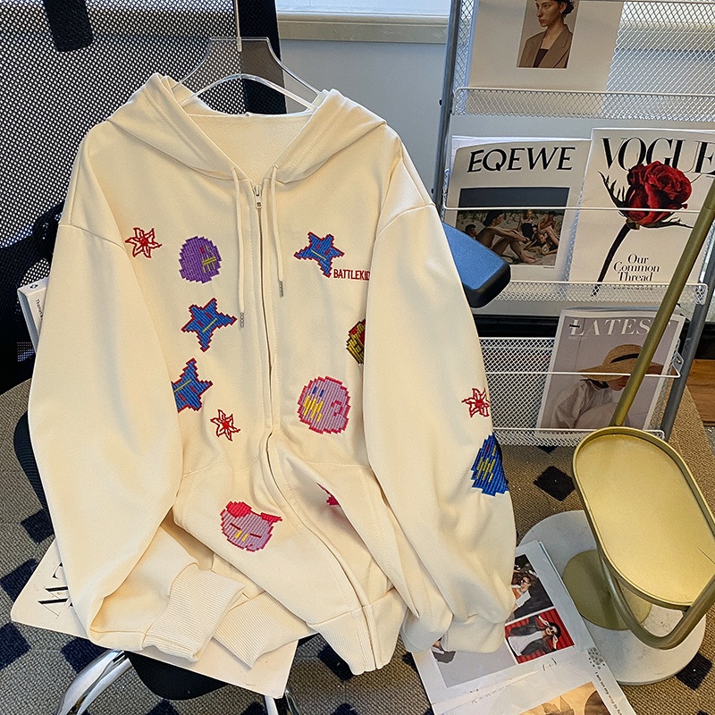 Áo khoác ZHELIHANGFEI có mũ trùm đầu tay dài dáng rộng thêu họa tiết ngọt ngào