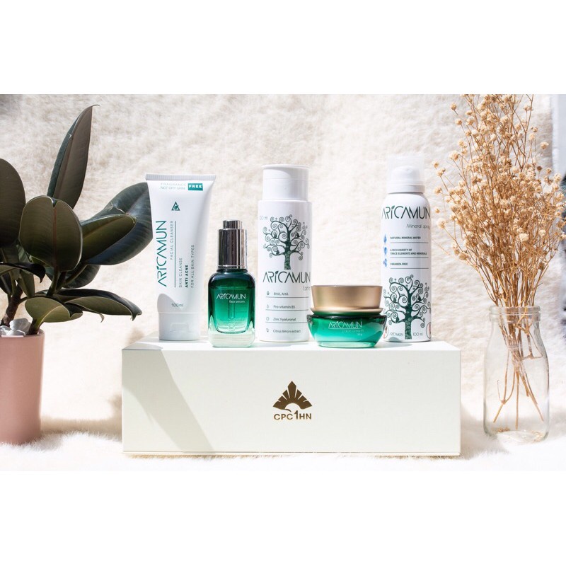 Bộ sản phẩm chăm sóc da toàn diện Aricamun (5 món) - Sữa rửa mặt, nước hoa hồng, serum, kem dưỡng, xịt khoáng [arica]