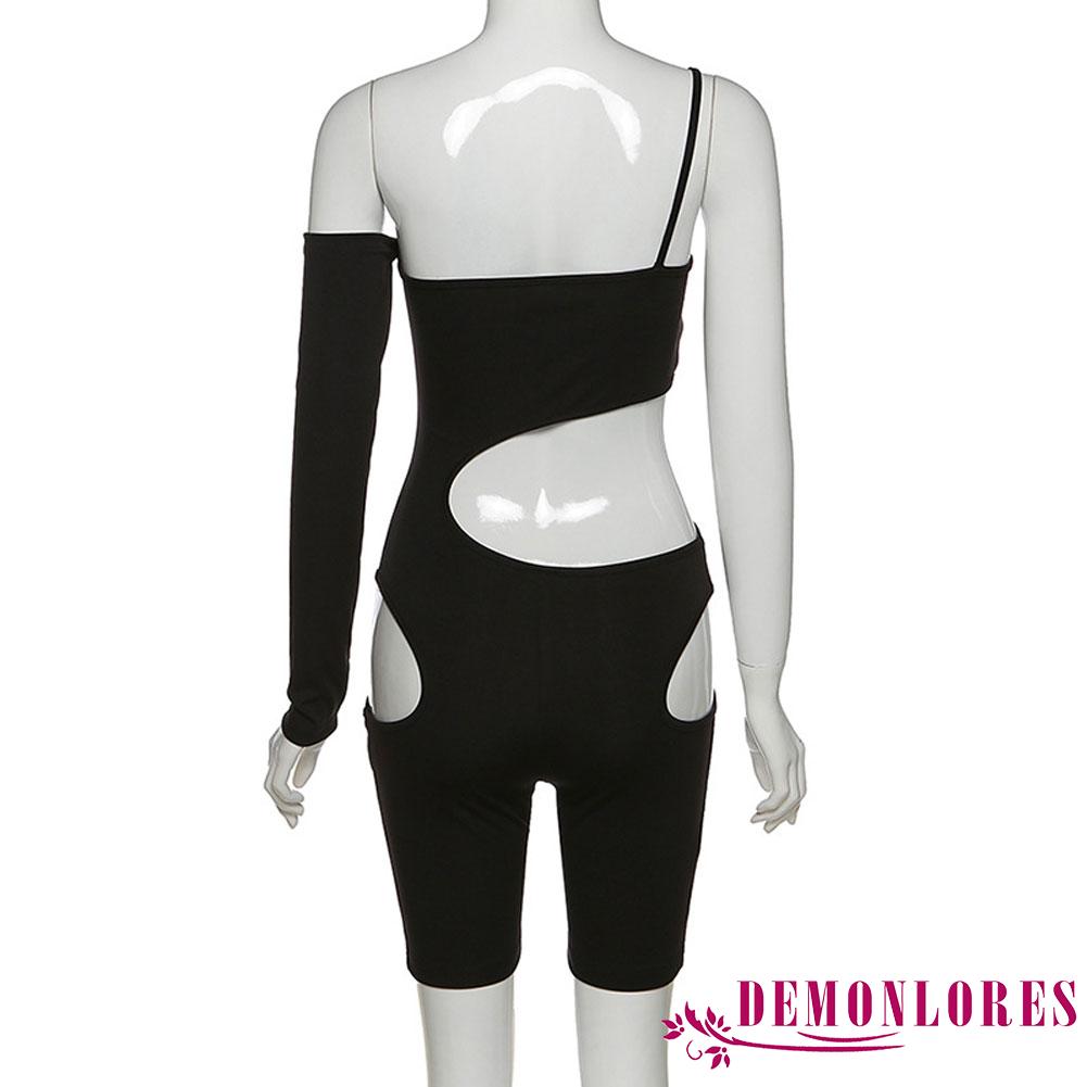 Jumpsuit dạng quần đùi màu trơn ôm dáng dài tay hở một vai phối khoét rỗng quyến rũ cho nữ