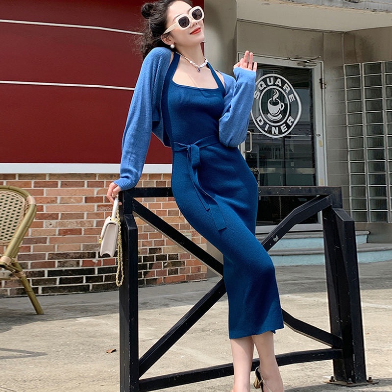Set Đầm Ôm Dáng + Áo Khoác Cardigan Dệt Kim Mỏng Phong Cách Retro Thời Trang Mùa Thu Cho Nữ