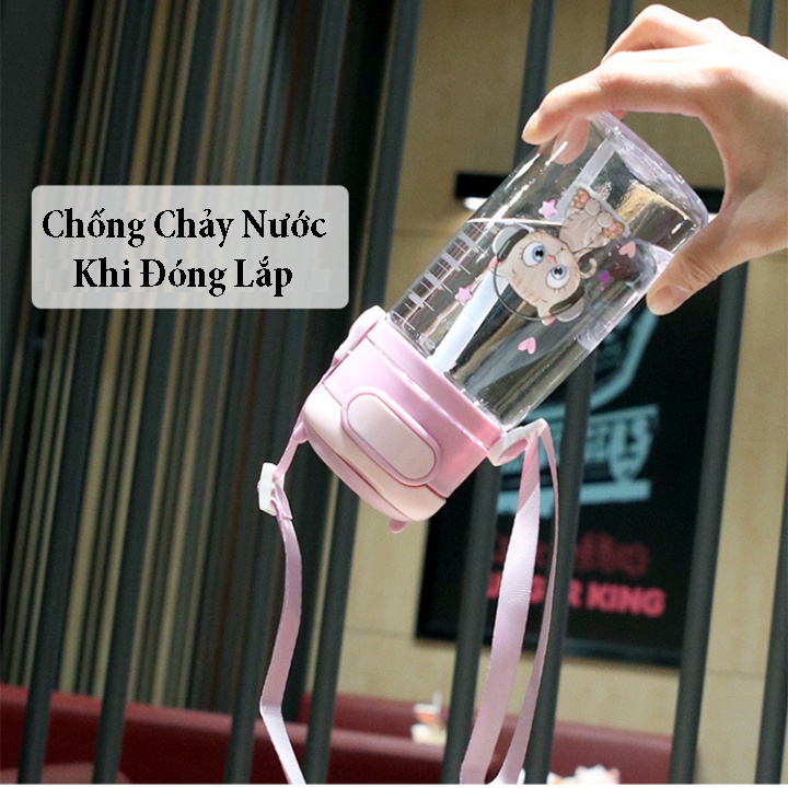 Bình nước cho bé đi học bình tập uống nước 550ml cute có dây đeo nắp bật ống hút mềm cao cấp BN03 Homedy Kids