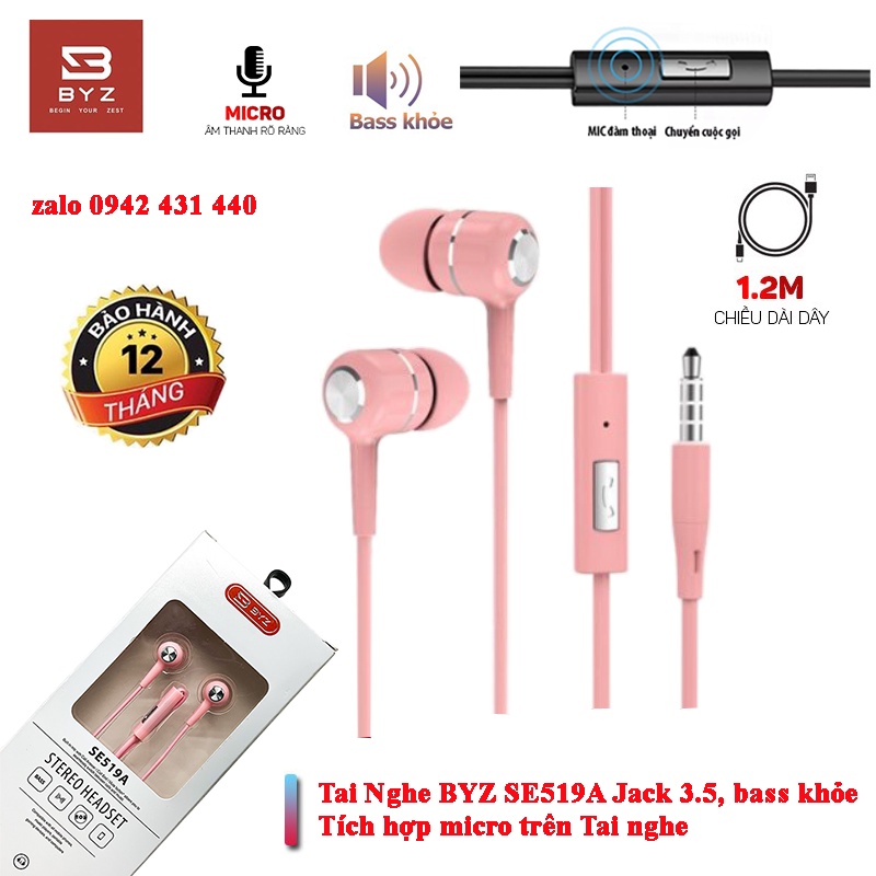 Tai nghe BYZ SE519 SE519A cao cấp có dây jack 3.5mm nhét tai chính hãng cho iP SS