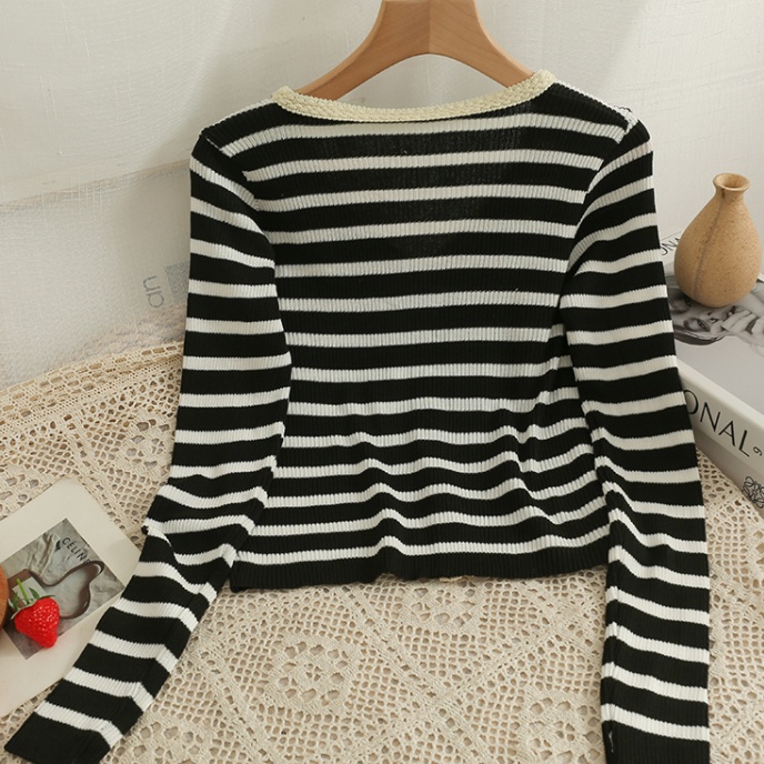 Áo cardigan SUXI dệt kim tay dài cổ chữ V hoạ tiết kẻ sọc phong cách cổ điển