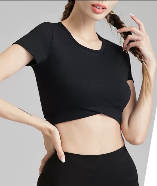 Áo Croptop vạt chéo cộc tay tập yoga, aerobic