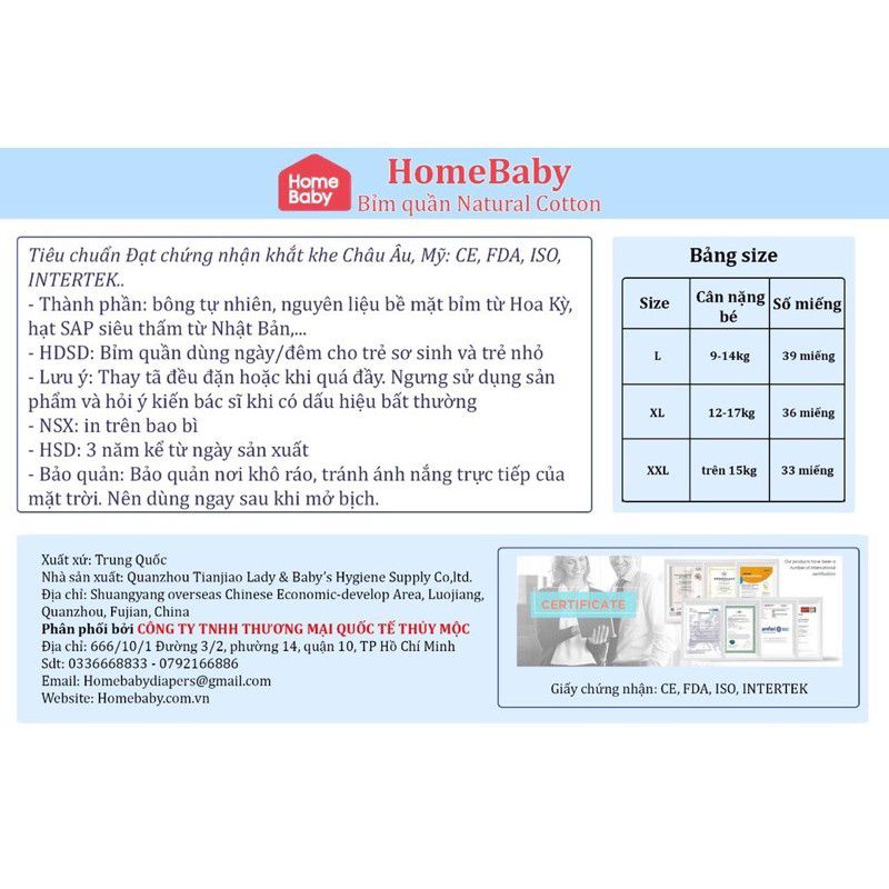 [HCM] Tã/bỉm HOME BABY nội địa trung quần L39/XL36/XXL33