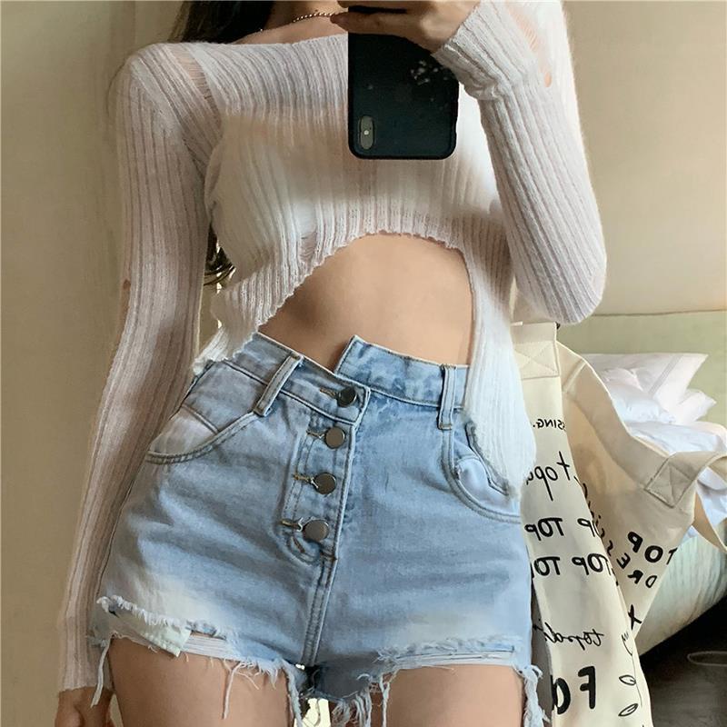 Quần short jeans lưng cao ống rộng phong cách Hàn Quốc sành điệu cho nữ