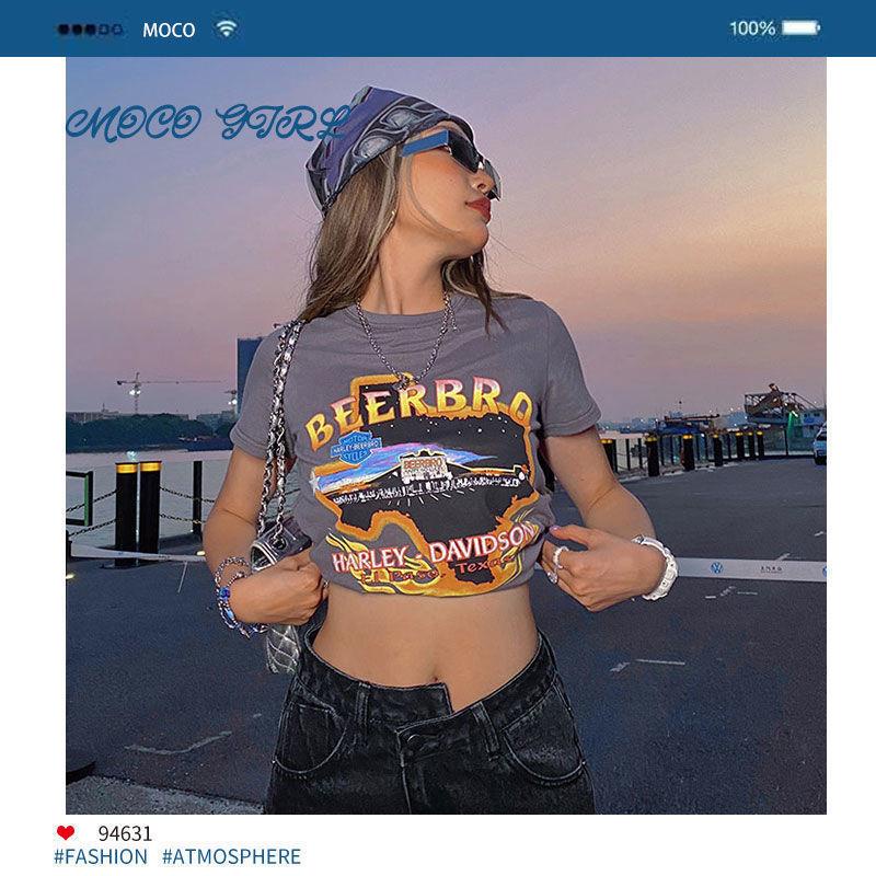 Áo Thun Tay Ngắn 100% Cotton Nguyên Chất In Họa Tiết Phong Cách Retro Mỹ Thời Trang Cho Nữ