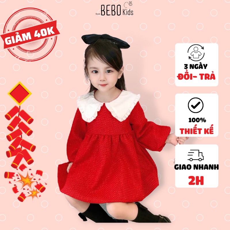 Váy đầm công chúa thiết kế cổ bèo nơ lưng mùa xuân siêu xinh xắn cho bé gái (10-28kg) nhung len đỏ A01