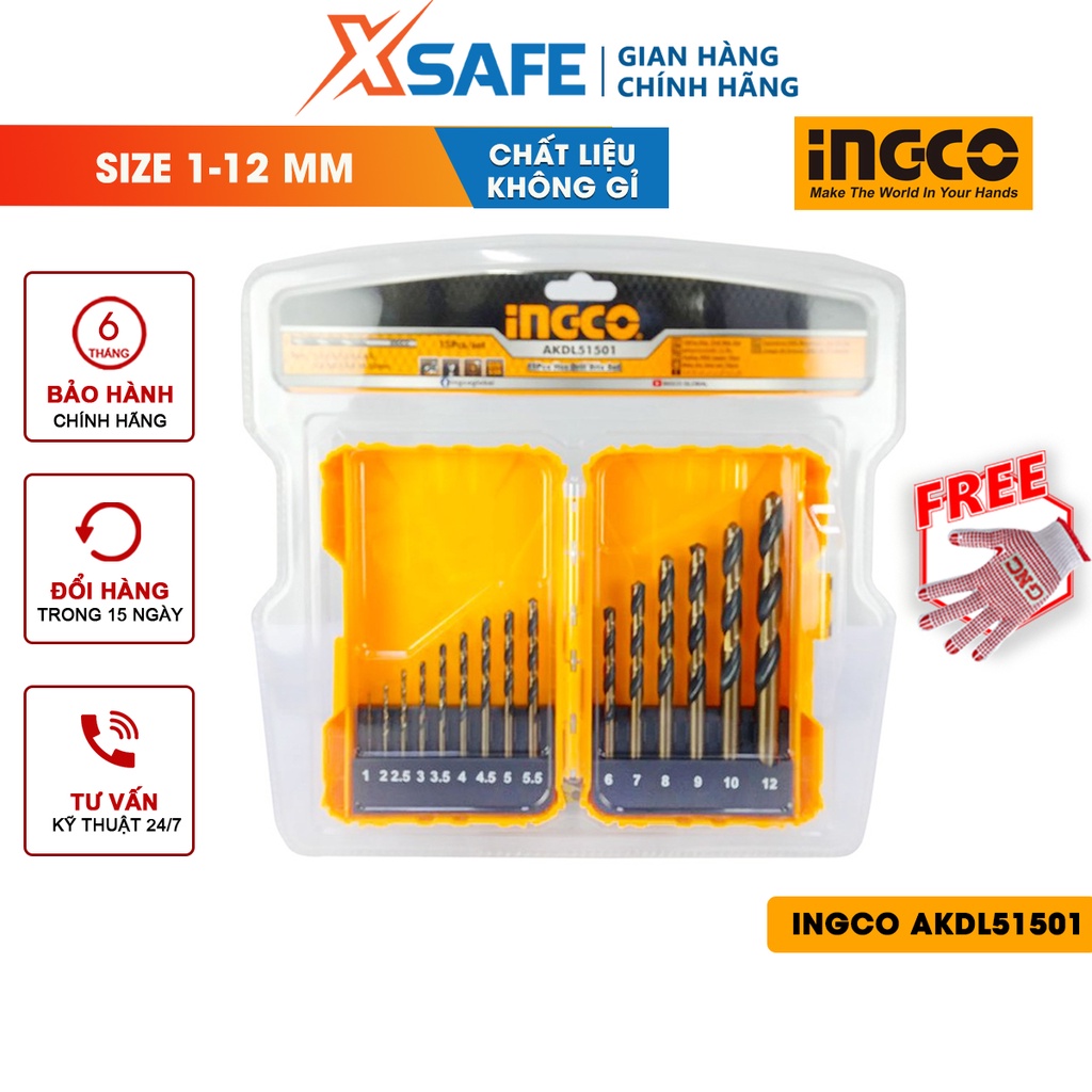 Bộ mũi khoan HSS 15 chi tiết INGCO AKDL51501nhiều kích cỡ, đóng gói bằng vỉ kép - chính hãng