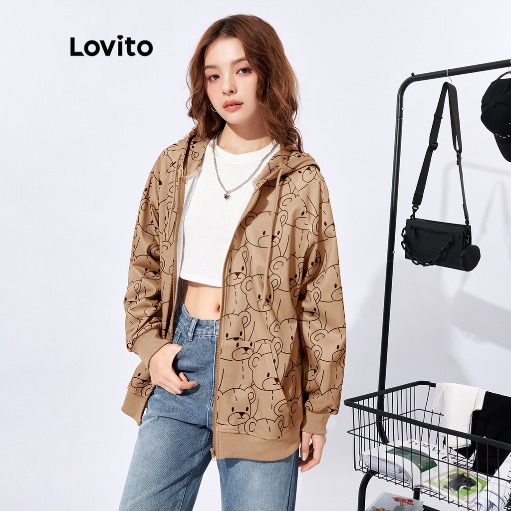 Áo nỉ Lovito họa tiết gấu phối dây rút dáng rộng phong cách Hàn Quốc thường ngày L32FW017 (màu khaki)