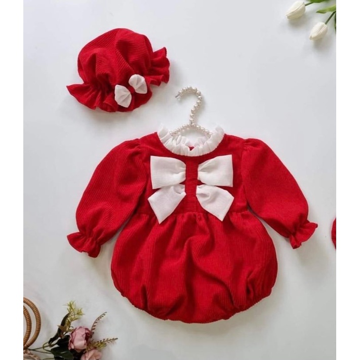 Body sơ sinh bé gái Royalkids Đồ em bé Đầy tháng Noel Tết Màu đỏ đô Size 0m 12m Kèm mũ