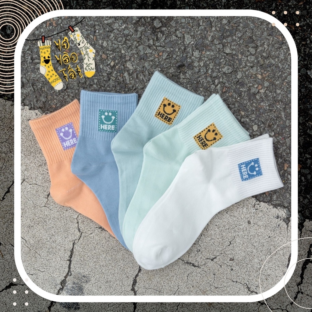 TẤT VỚ CỔ CAO TRUNG HÌNH MẶT CƯỜI NHIỀU MÀU TRƠN