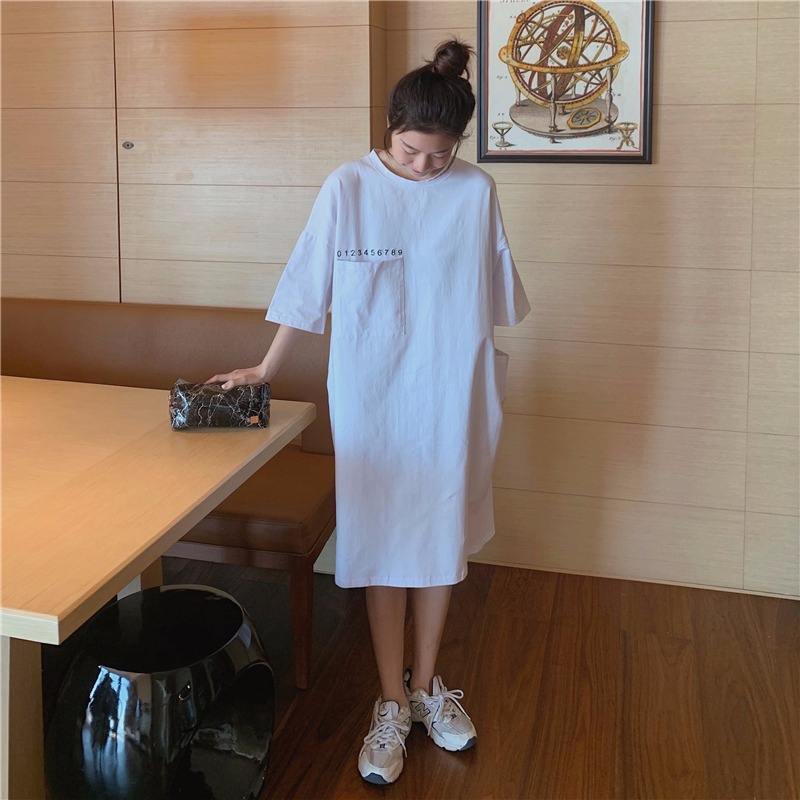 Đầm thun cotton PERTY ngắn tay thêu họa tiết phối túi thời trang cho nữ