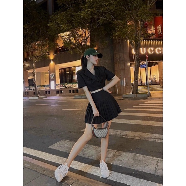 (Có BigSize) Set Áo Cổ Vest Và Váy Dập Ly Cao Cấp