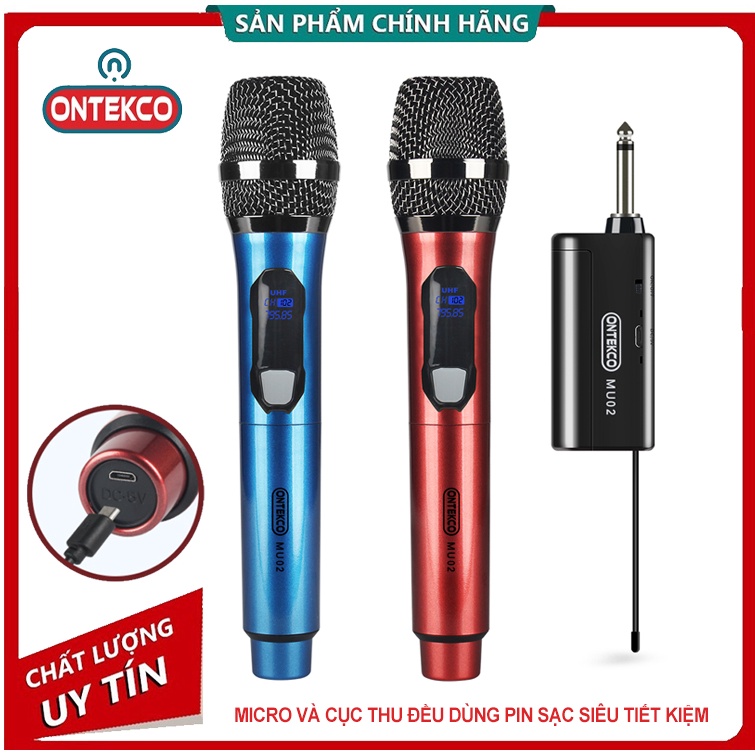 Micro hát karaoke không dây ONTEKCO MU02/ MU03  pin sạc - thu phát 50m , phù hợp cho âm ly loa kéo