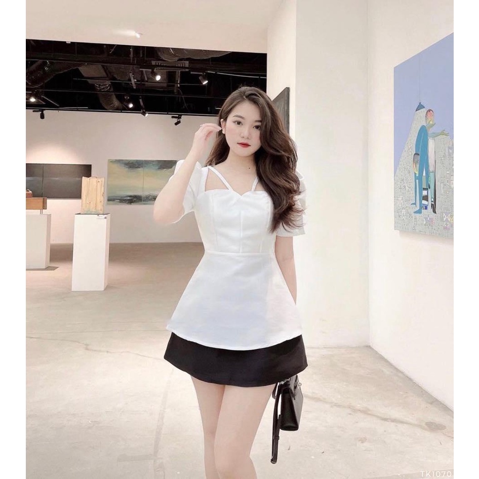 Áo peplum phối dây taynhi1 bo eo dáng xòe mặc công sở hay đi phố