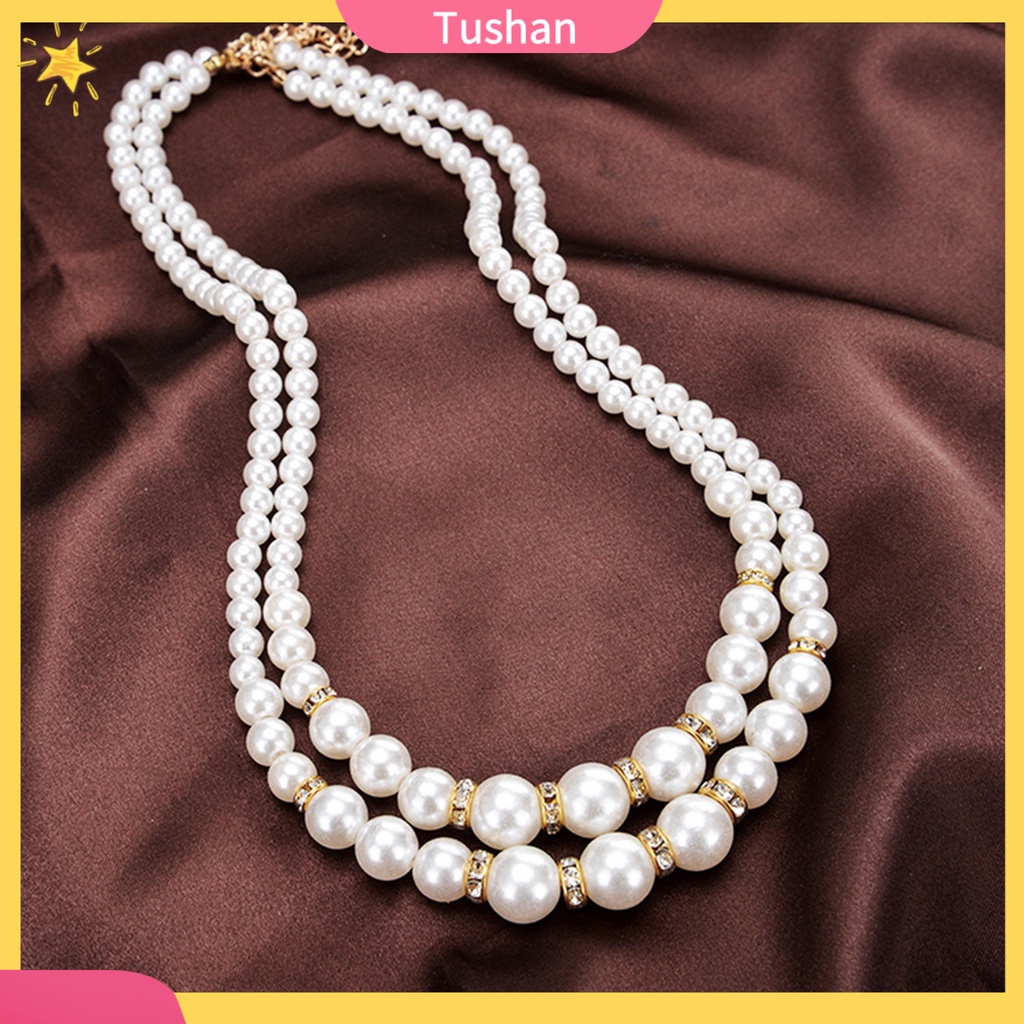 Vòng cổ thời trang kiểu chuỗi hạt ngọc trai giá đính đá trang sức với thiết kế 2 lớp cá tính