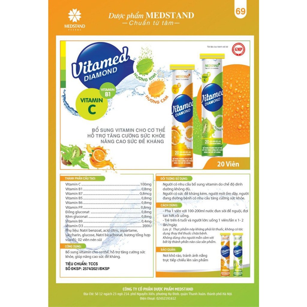 Viên C sủi bổ sung vitamin Vitamed Diamond ❤️FREESHIP❤️ Hương cam,chanh,kiwi,dứa,chanh leo,cherry,dâu tây,việt quất | Thế Giới Skin Care