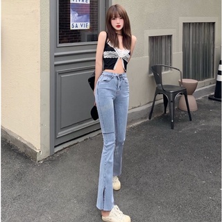 Quần jeans nữ dáng ống loe xẻ tà cạp cao Emilyshop ulzzang