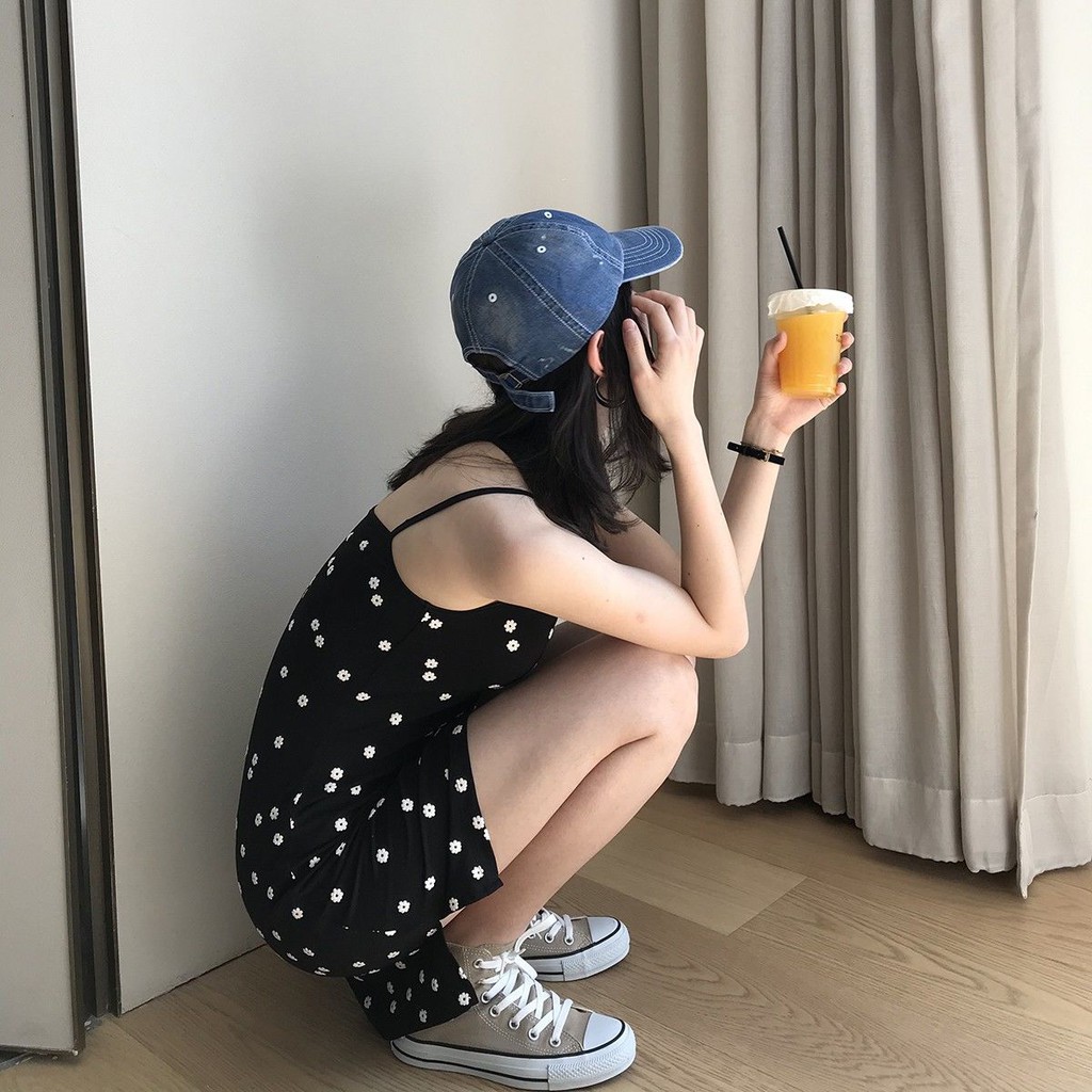 Váy 2 dây, đầm hai dây ulzzang, dáng ngắn năng động, Váy xòe hai dây chiết eo màu đen