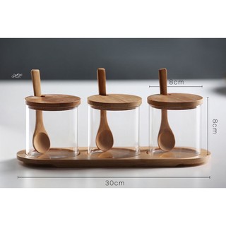 Bộ 3 hũ gia vị thủy tinh lắp gỗ loại 1
