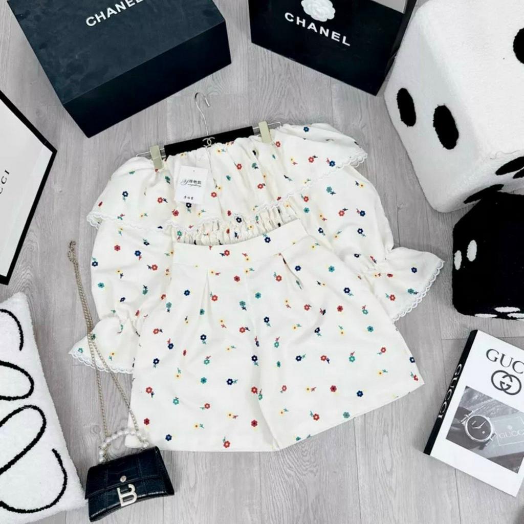 Set bộ lụa ý in 3D siêu xinh áo tay dài trễ vai phối quần ngắn ống rộng thời trang ngọt ngào mặc đi hẹn hò