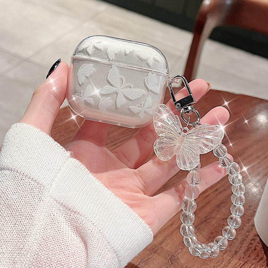 Vỏ Bảo Vệ Hộp Sạc Tai Nghe Bluetooth Airpods 1 2 3 Pro Bằng TPU Mềm Trong Suốt Hình Bướm Có Dây Xích