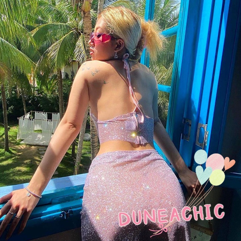 DUNEA Set Áo Tank Top 2 Dây + Chân Váy Xẻ Tà Đính Kim Tuyến Lấp Lánh Thời Trang Quyến Rũ Cho Nữ