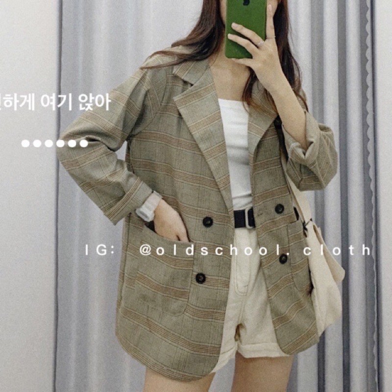 [Ảnh thật/Video]Áo blazer Ulzzang kẻ nâu 4 cúc loại 1 lớp