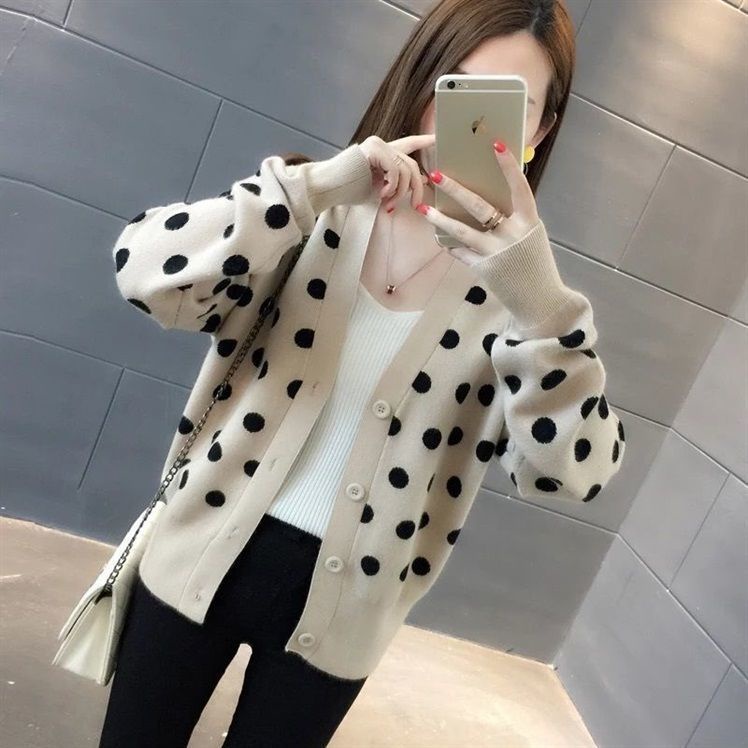 Áo khoác len cardigan dáng ngắn họa tiết chấm bi thời trang thu đông phong cách Hàn Quốc cho nữ 2021