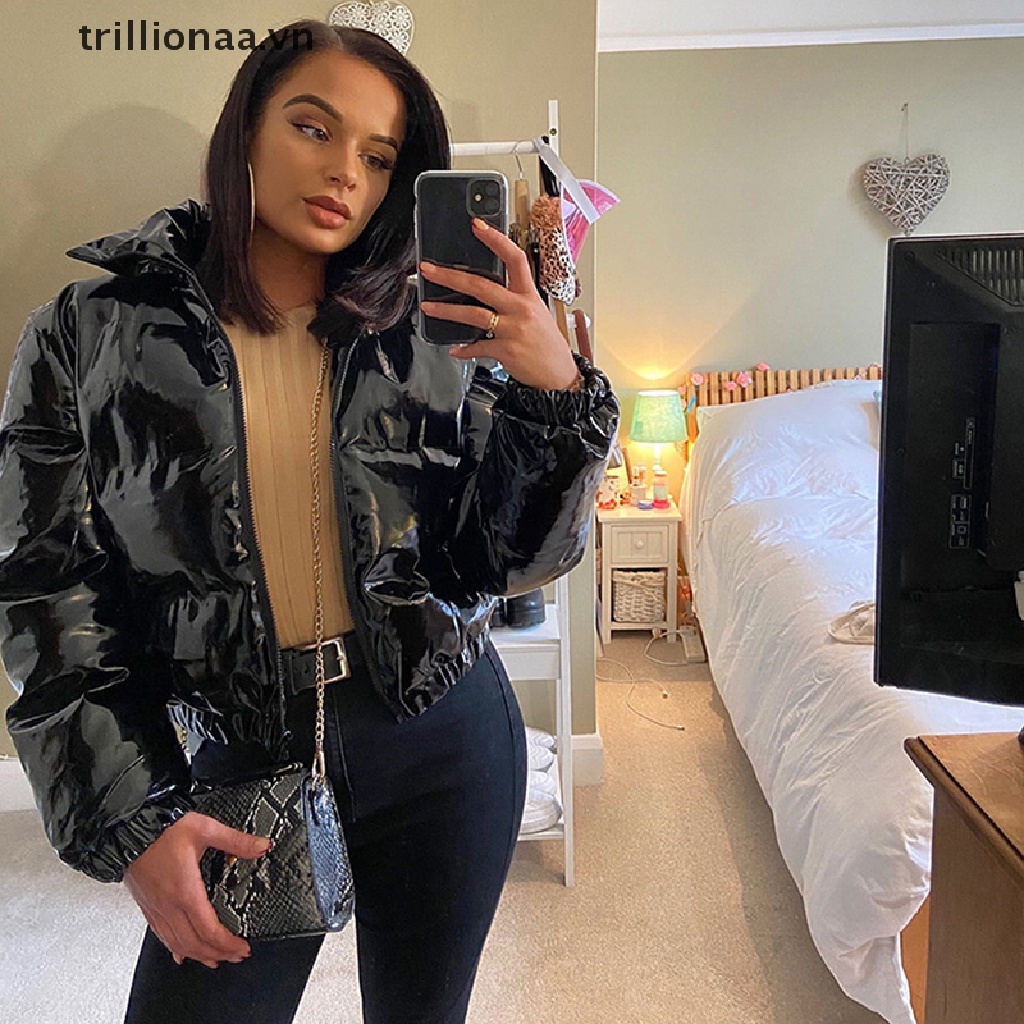 Trillionaa Áo Khoác Phao Da PU Màu Hồng Bóng Ấm Áp Dễ Thương Có Khóa Kéo Thời Trang Mùa Đông Cho Nữ