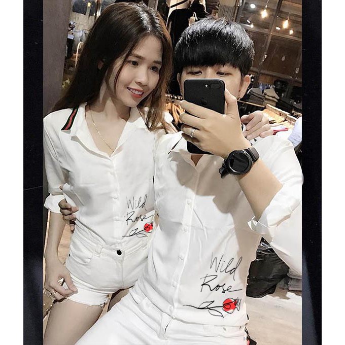ÁO SƠ MI ĐÔI NAM NỮ ĐEN VIỀN CỔ CHẤT KATE LỤA SIÊU HOT