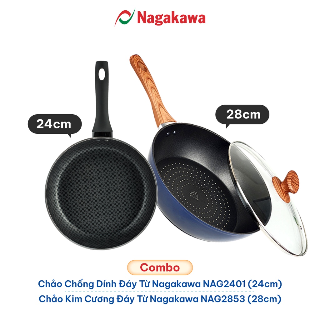 COMBO Bộ 2 chảo chống dính đáy từ cao cấp Nagakawa gồm chảo chiên 24 cm NAG2401 và chảo xào 28 cm NAG2853