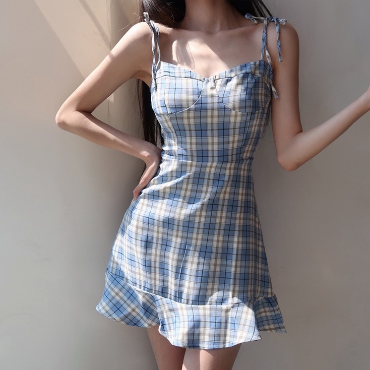 Retro purple plaid suspender skirt women  summer slim temperament halter fishtail dress