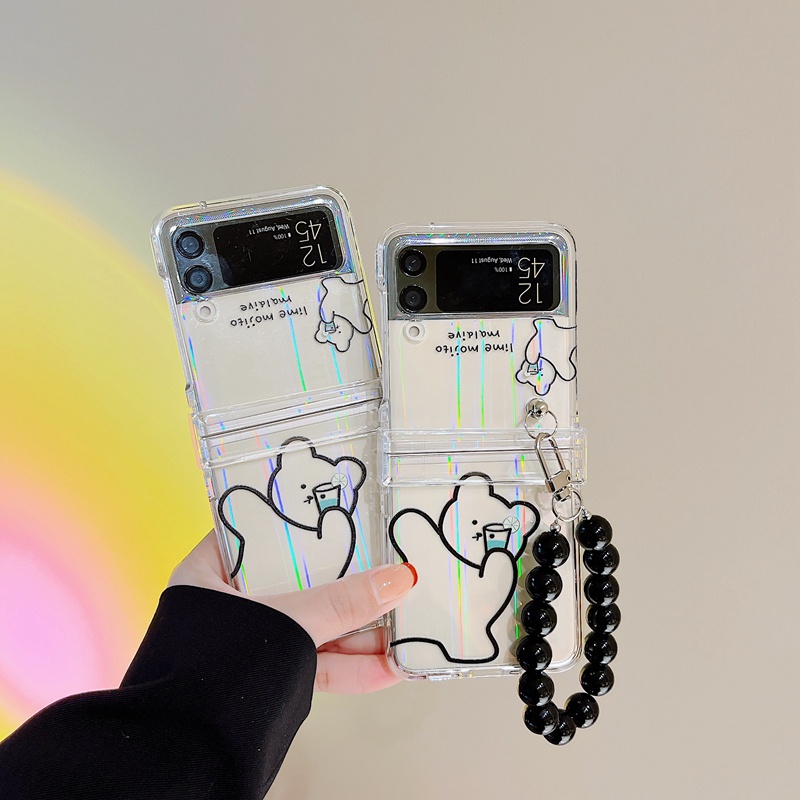 Ốp Điện Thoại Cứng Trong Suốt In Hình Gấu Dễ Thương Kèm Dây Đeo Cho Samsung Galaxy Z Flip 3 Z Flip3 ZFlip3 ZFlip 3