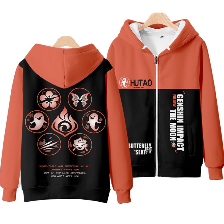Áo Khoác Hoodie Tay Dài Dáng Rộng Có Khóa Kéo In Họa Tiết Genshin Va Chạm Hu Tao 3D Thời Trang Unisex 2022